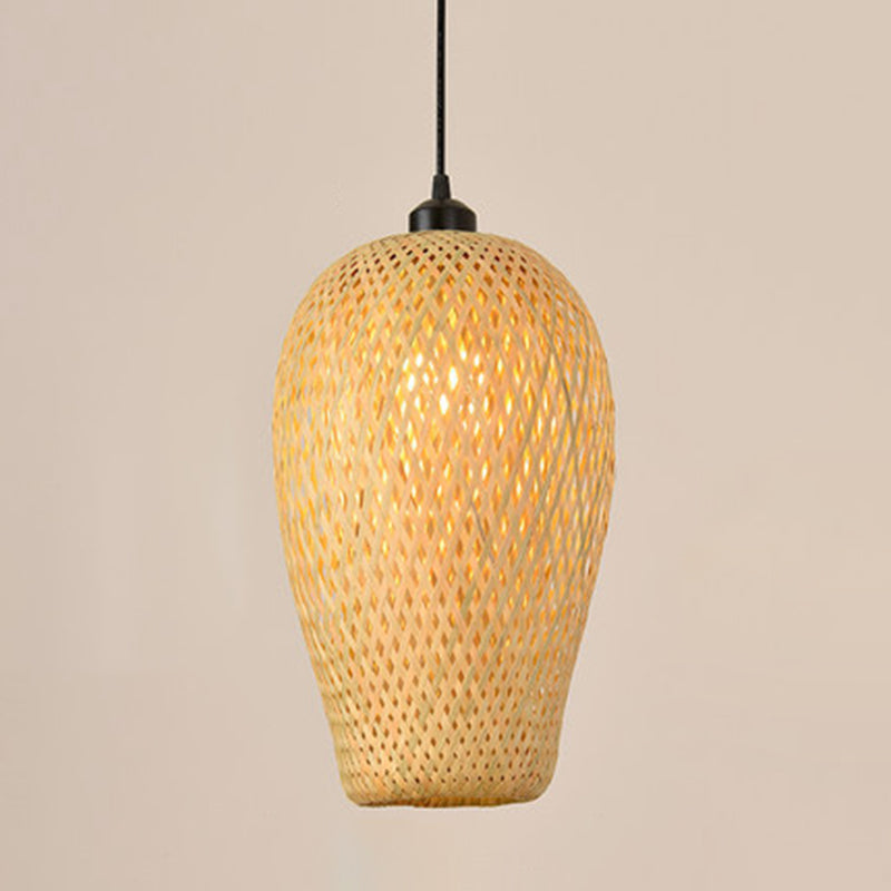 Japanese Bamboo Pendant Light Fixture 1-Light Beige Hanging Ceiling Light