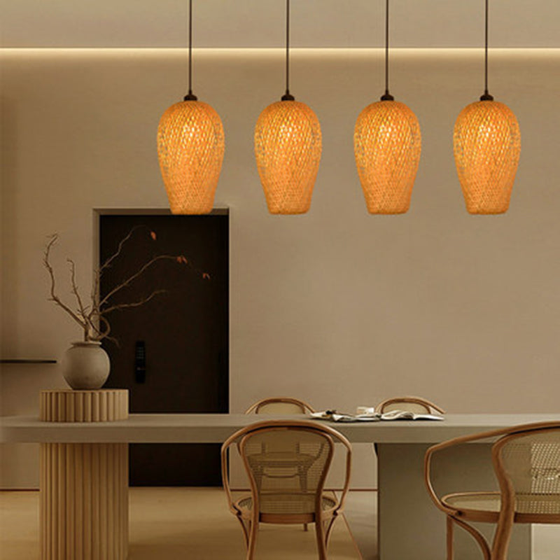 Japanese Bamboo Pendant Light Fixture 1-Light Beige Hanging Ceiling Light