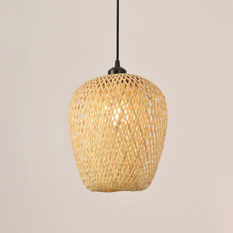 Japanese Bamboo Pendant Light Fixture 1-Light Beige Hanging Ceiling Light