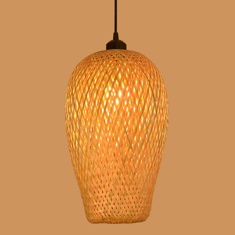 Japanese Bamboo Pendant Light Fixture 1-Light Beige Hanging Ceiling Light