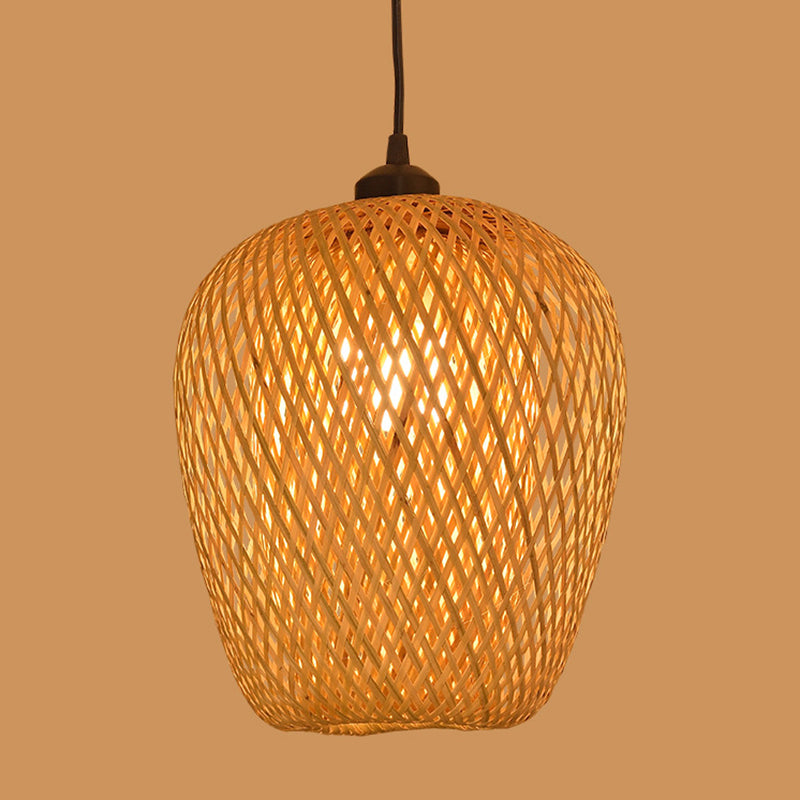 Japanese Bamboo Pendant Light Fixture 1-Light Beige Hanging Ceiling Light