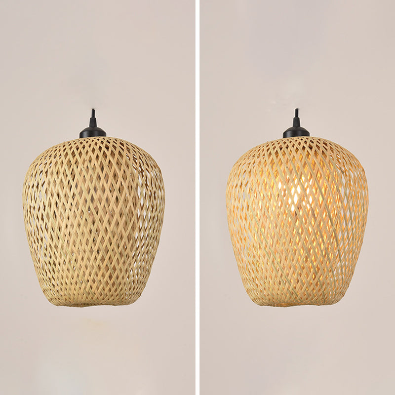 Japanese Bamboo Pendant Light Fixture 1-Light Beige Hanging Ceiling Light