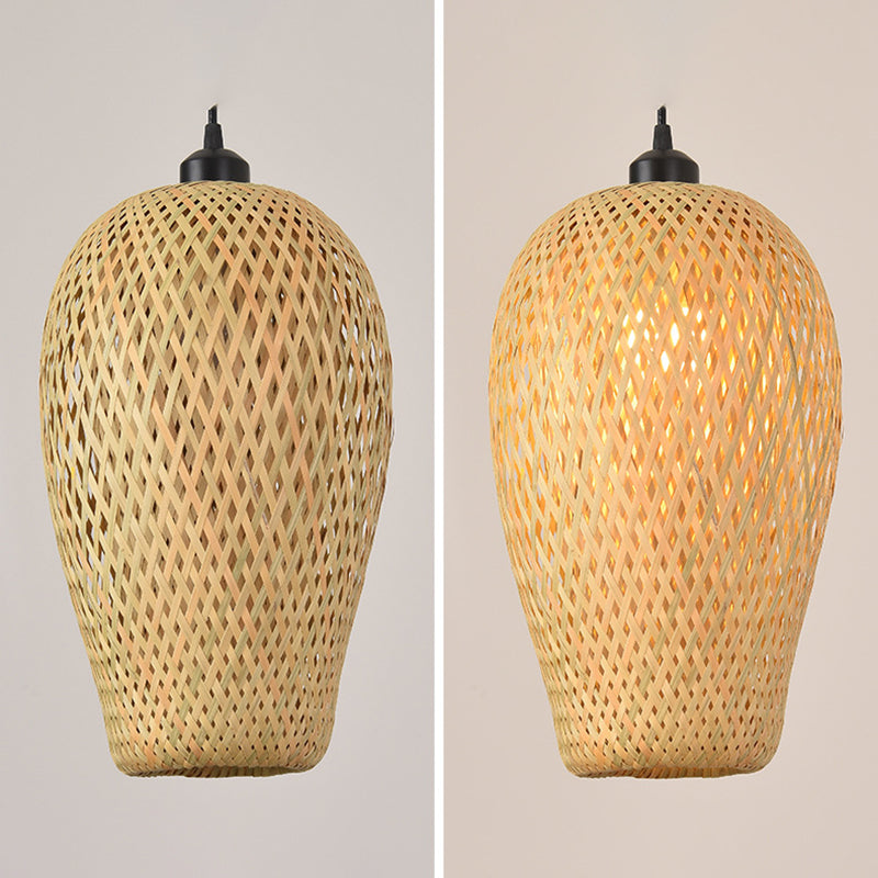 Japanese Bamboo Pendant Light Fixture 1-Light Beige Hanging Ceiling Light