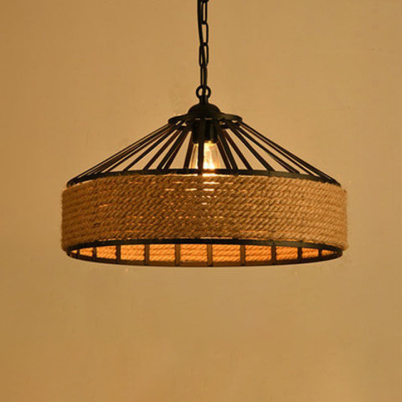 Rope Linen 1-Light Pendant Lamp Drum Vintage Loft Ceiling Fixture for Bar