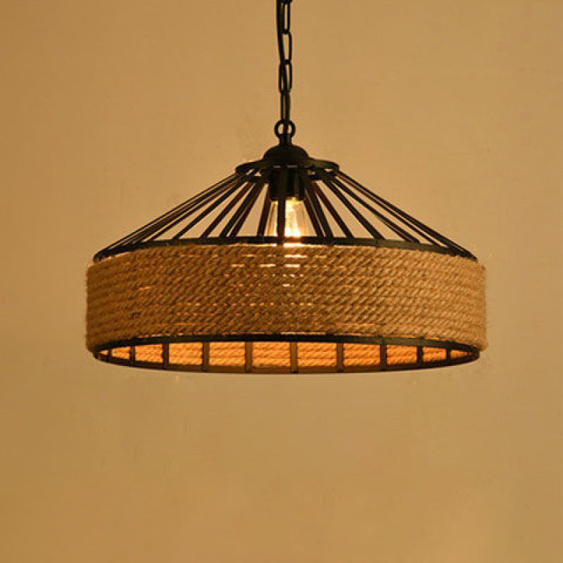 Rope Linen 1-Light Pendant Lamp Drum Vintage Loft Ceiling Fixture for Bar