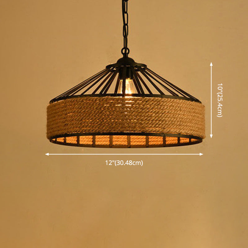 Rope Linen 1-Light Pendant Lamp Drum Vintage Loft Ceiling Fixture for Bar