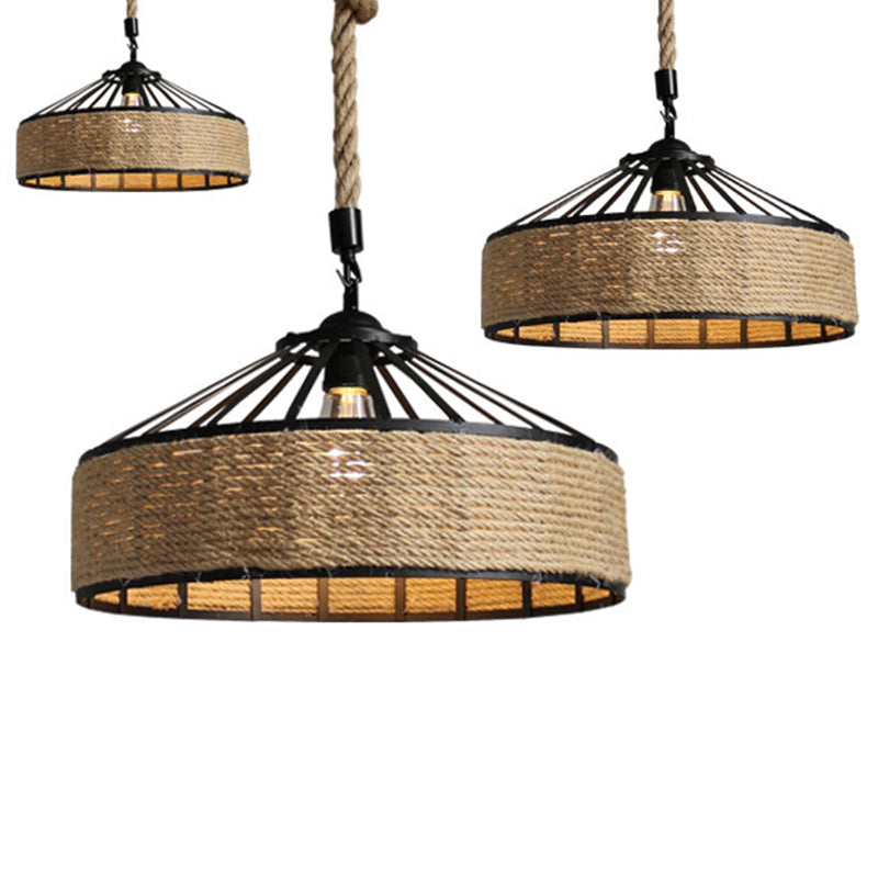 Rope Linen 1-Light Pendant Lamp Drum Vintage Loft Ceiling Fixture for Bar