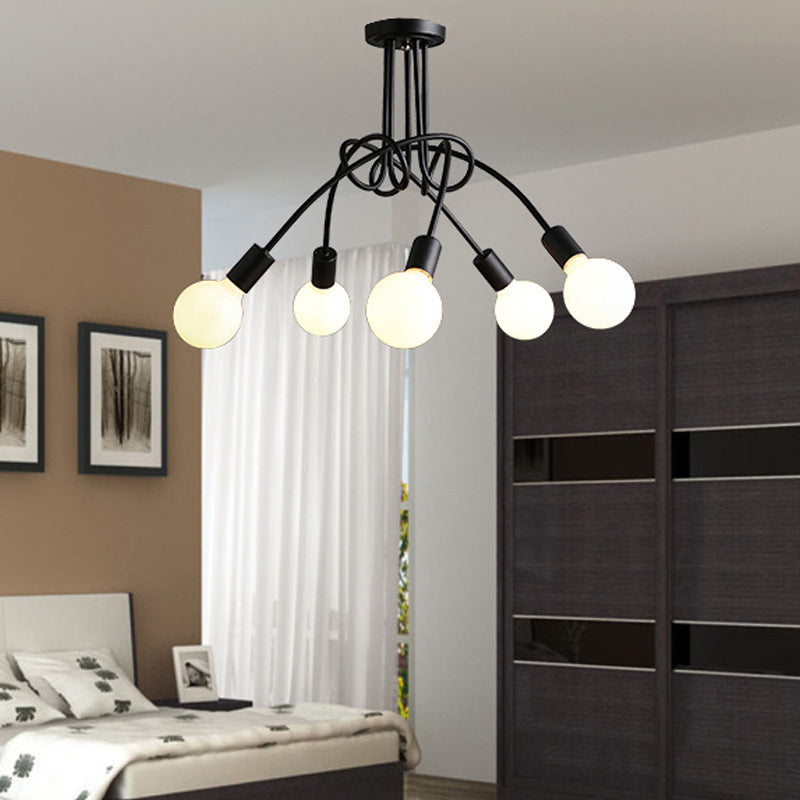 Bare Bulb Black Semi Flush Mount in Industrial Retro Style Wrought Iron Radial Ceiling Fixture