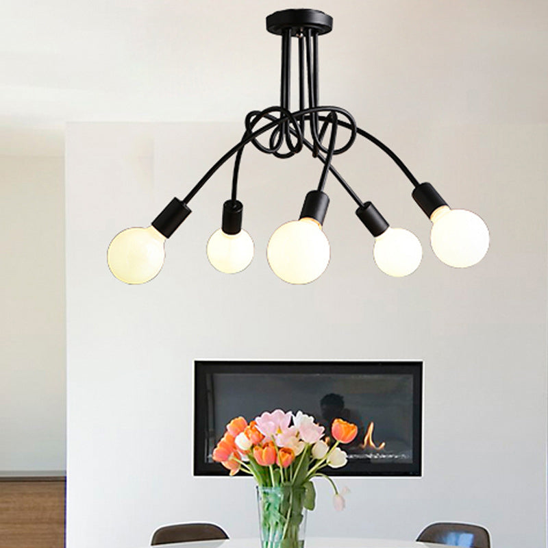 Bare Bulb Black Semi Flush Mount in Industrial Retro Style Wrought Iron Radial Ceiling Fixture