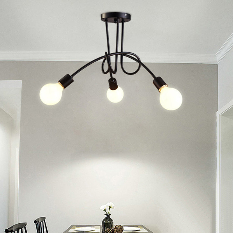 Bare Bulb Black Semi Flush Mount in Industrial Retro Style Wrought Iron Radial Ceiling Fixture