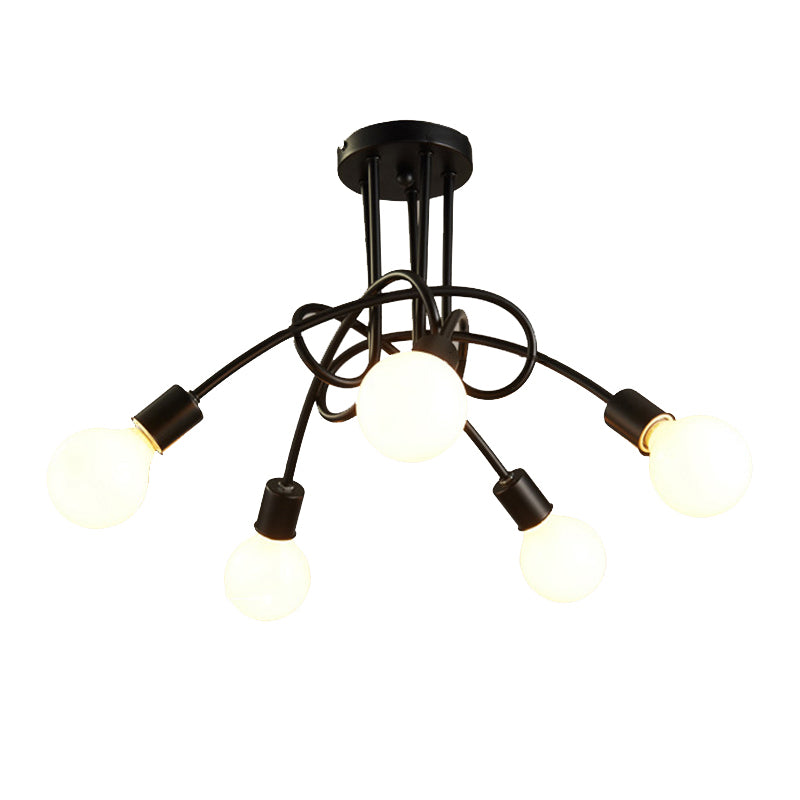 Bare Bulb Black Semi Flush Mount in Industrial Retro Style Wrought Iron Radial Ceiling Fixture