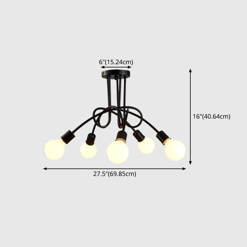 Bare Bulb Black Semi Flush Mount in Industrial Retro Style Wrought Iron Radial Ceiling Fixture