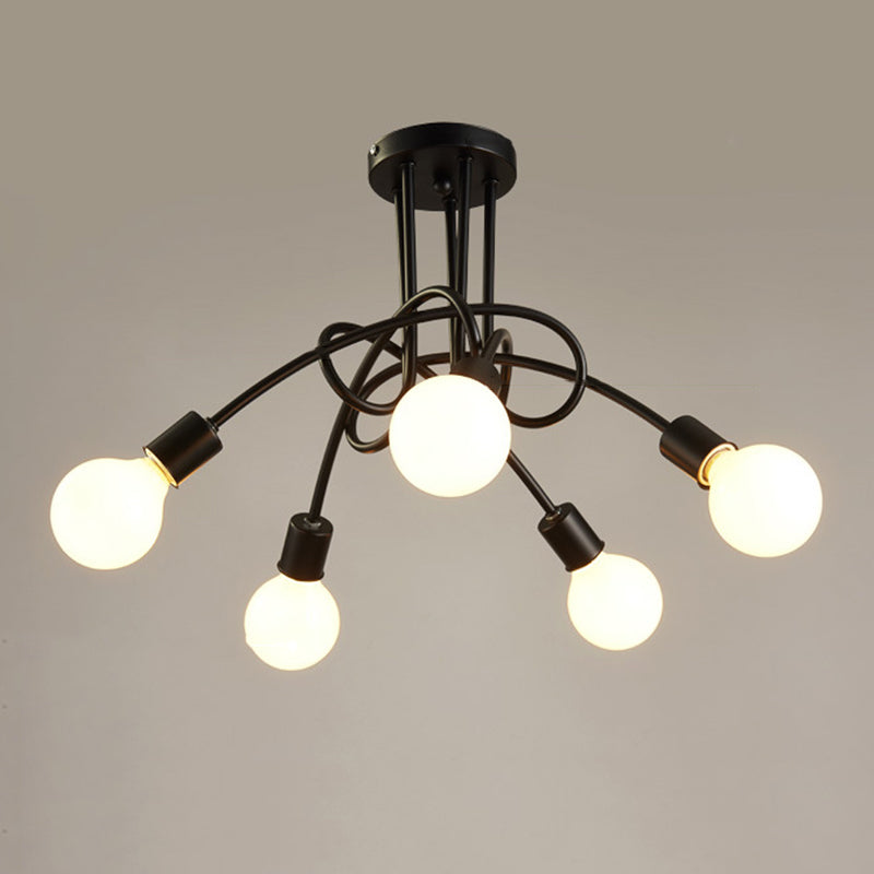 Bare Bulb Black Semi Flush Mount in Industrial Retro Style Wrought Iron Radial Ceiling Fixture