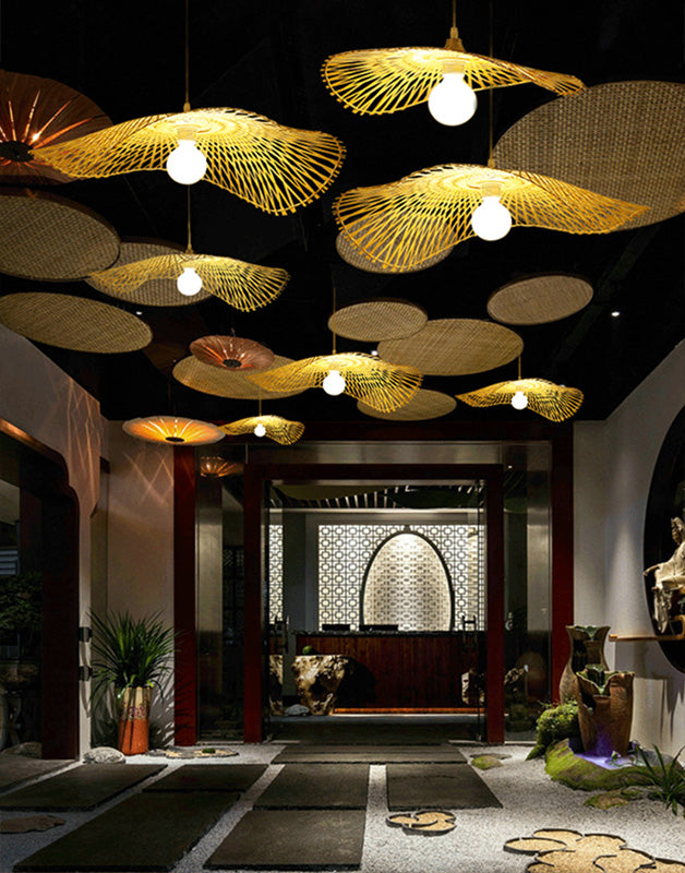 Chinese Twist Pendant Lighting Fixtures Rattan Hanging Light with Hanging Cord for Restaurant