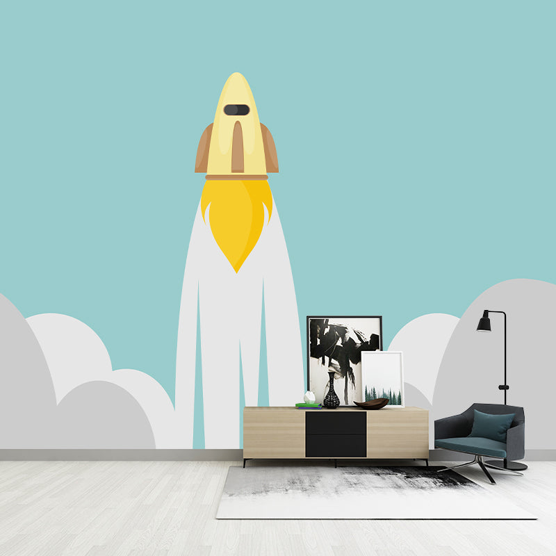 Rocket Launching Mural Wallpaper Creative Wall Covering for Kids Nursery Bedroom