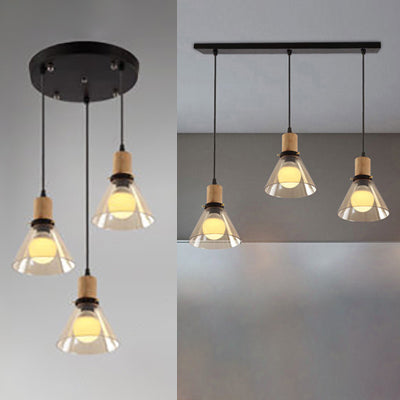 Wood 3-Light Round/Linear Canopy Multiple Hanging Light Industrial Clear Glass Tapered Cluster Pendant for Living Room