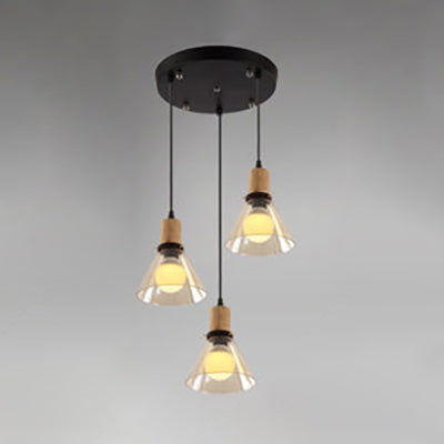 Bois 3-Light Round / linéaire Cauvet multiples suspendus en verre transparent transparent industriel Pendant le salon