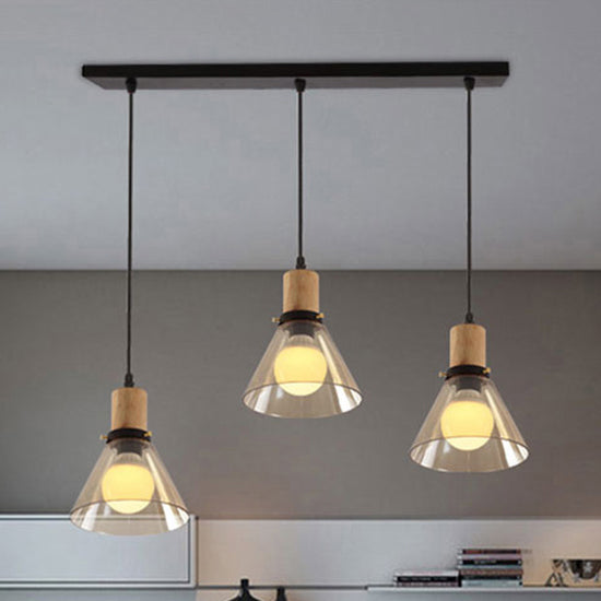 Bois 3-Light Round / linéaire Cauvet multiples suspendus en verre transparent transparent industriel Pendant le salon