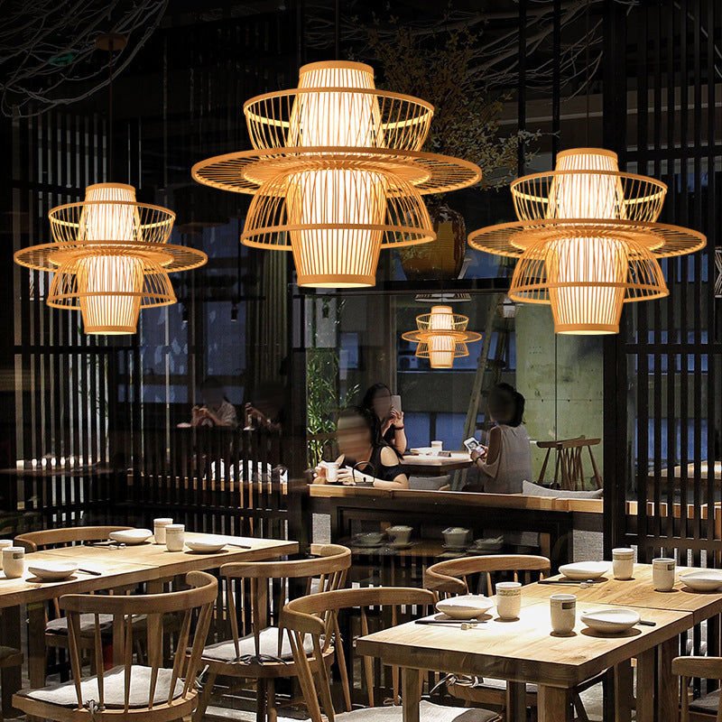 Luminaires d'éclairage pendentif chinois rotin léger au rotin avec cordon suspendu pour le restaurant