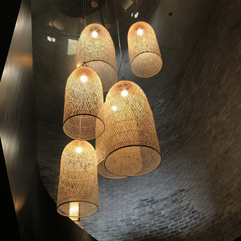 Luminaires d'éclairage pendentif chinois rotin léger au rotin avec cordon suspendu pour le restaurant