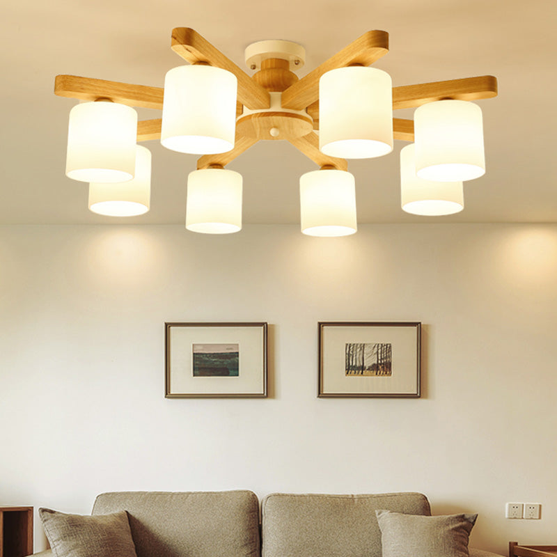 White Cylinder Semi Flush Light Fixture Simple Style Wood Semi Flush Mount Chandelier