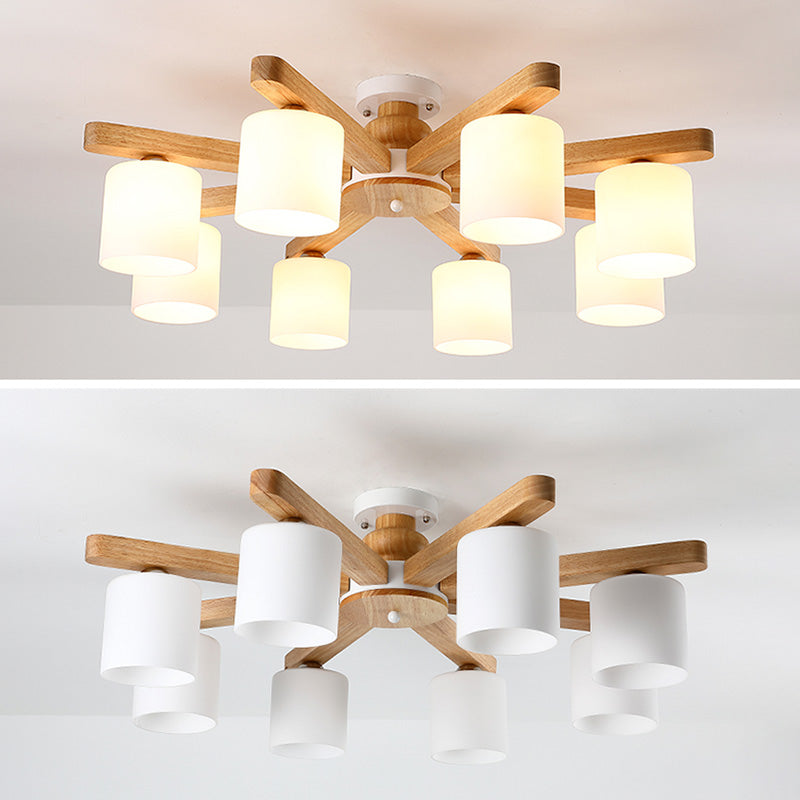 Weißer Zylinder halb Flush Leuchte Einfacher Stil Holz halb Flush Mount Kronleuchter