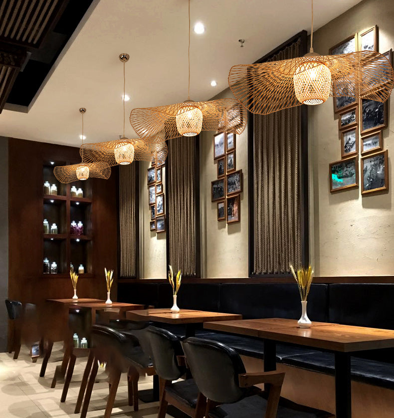 Chinese Twist Pendant Lighting Fixtures Rattan Hanging Light with Hanging Cord for Restaurant