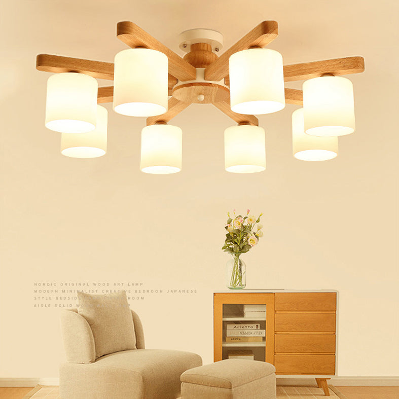 White Cylinder Semi Flush Light Fixture Simple Style Wood Semi Flush Mount Chandelier