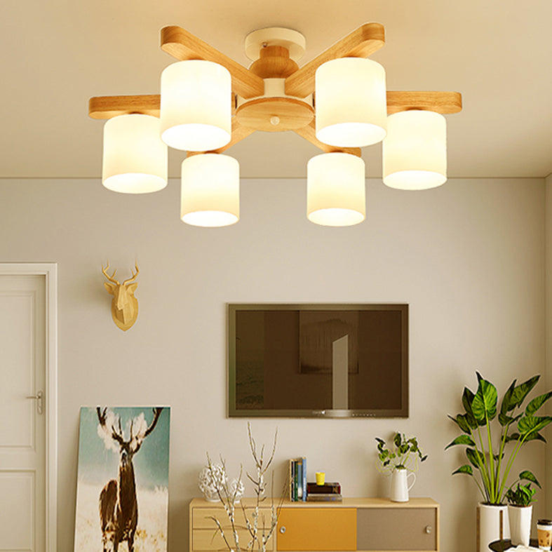 White Cylinder Semi Flush Light Fixture Simple Style Wood Semi Flush Mount Chandelier