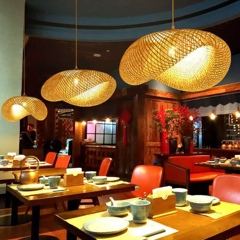 Log Color Geometric Pendant Light in Asian Style Bamboo Weaving Hanging Lamp for Commercial Place