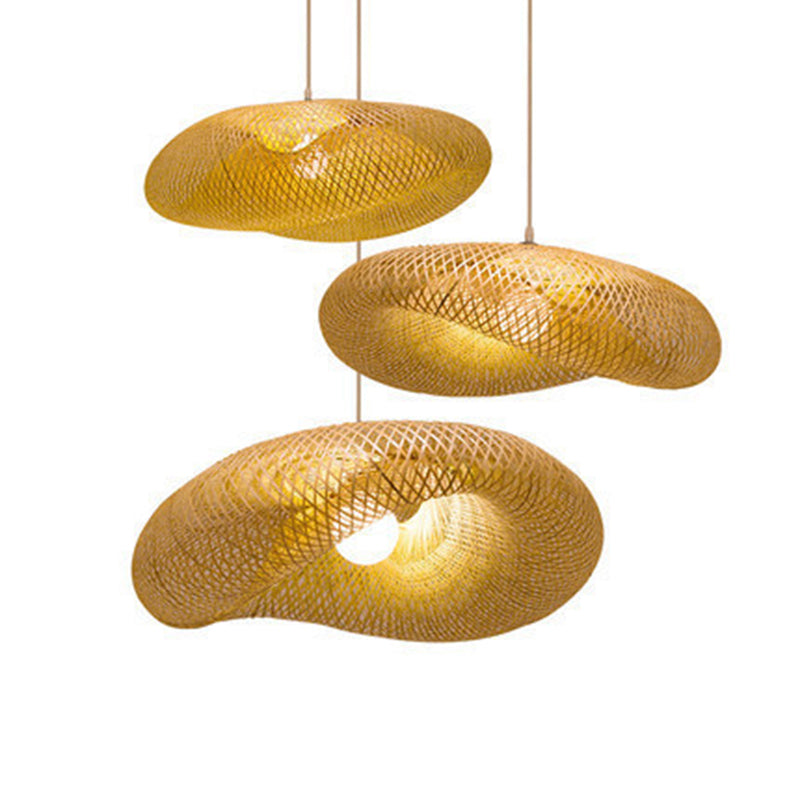 Log Color Geometric Pendant Light in Asian Style Bamboo Weaving Hanging Lamp for Commercial Place