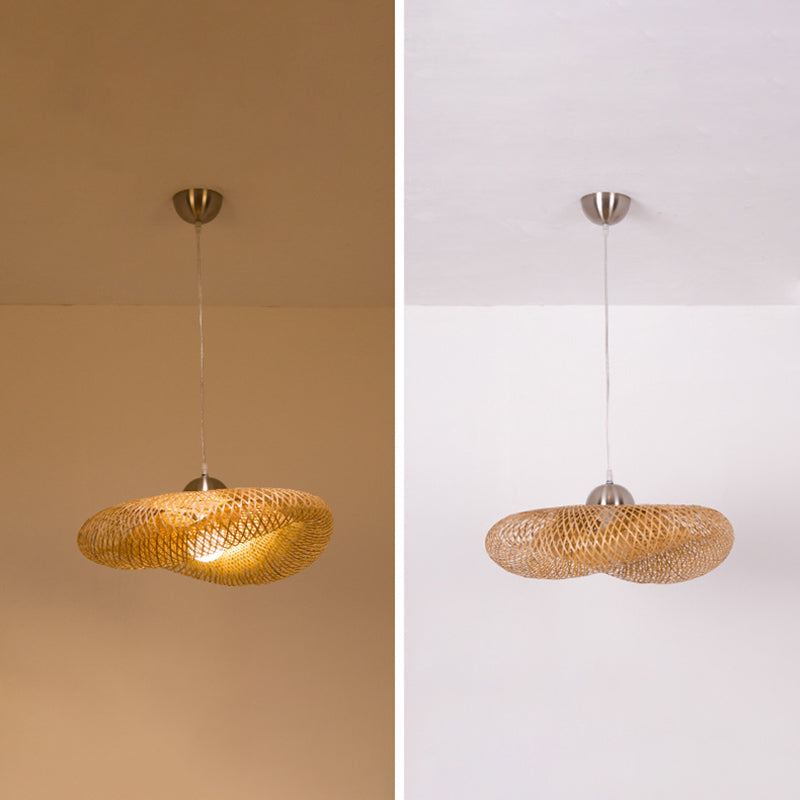 Log Color Geometric Pendant Light in Asian Style Bamboo Weaving Hanging Lamp for Commercial Place