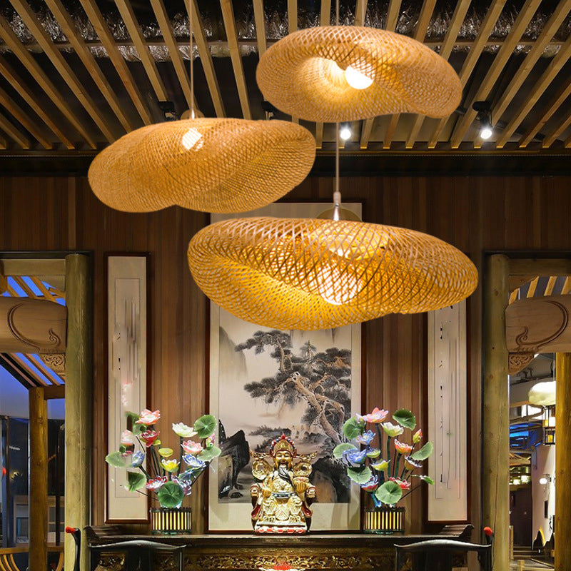 Log Color Geometric Pendant Light in Asian Style Bamboo Weaving Hanging Lamp for Commercial Place