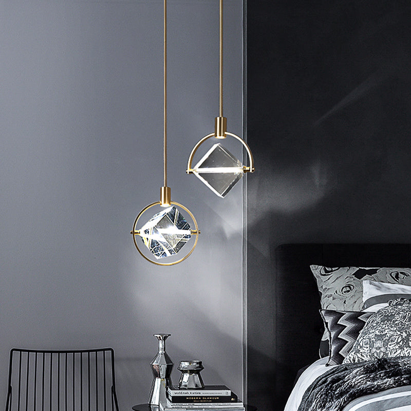 Geometric Hanging Light Fixtures Modern Gold Suspension Pendant Lights with Clear Crystal Shade