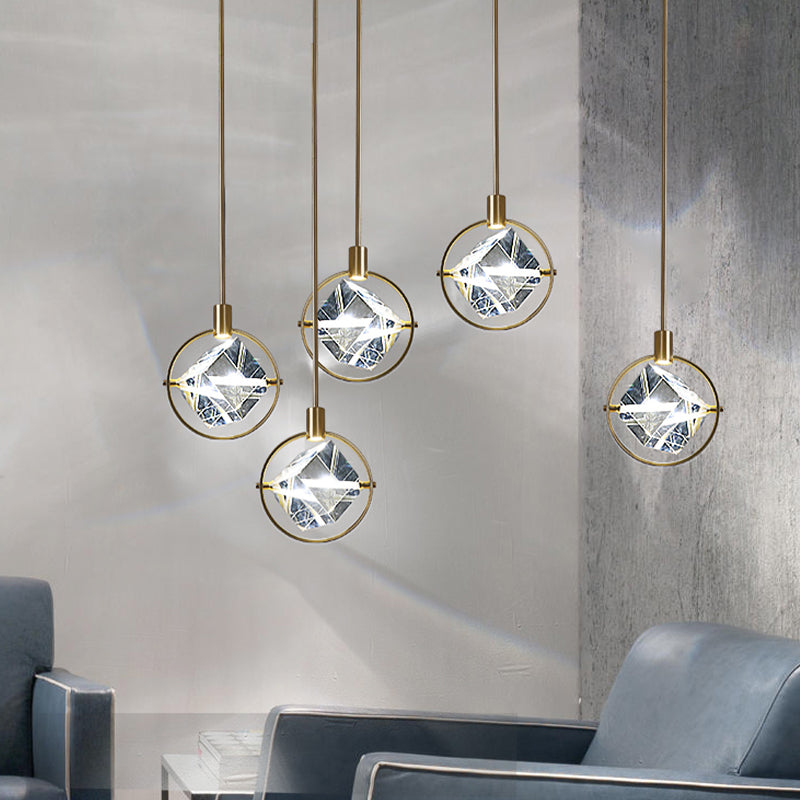 Geometric Hanging Light Fixtures Modern Gold Suspension Pendant Lights with Clear Crystal Shade