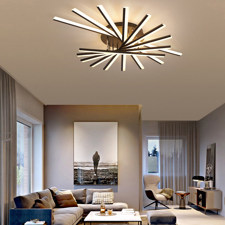 Modern Minimalist LED Semi Flush Mount Wrought Iron Linear Ceiling Light with Acrylic Shade