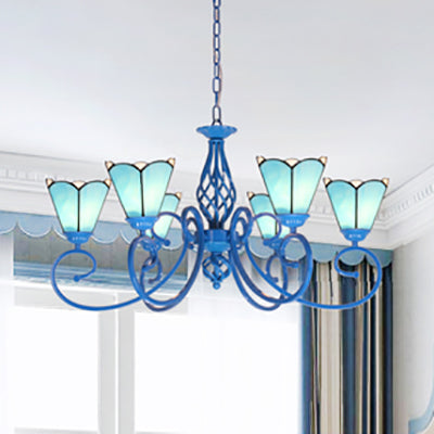 Stained Glass Cone Hanging Ceiling Light with Blue Curved Arm Tiffany 6 Lights Hanging Chandelier in White/Blue