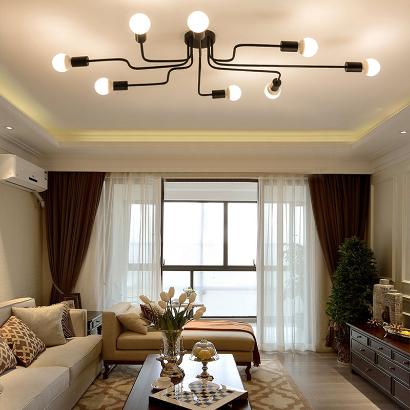 Open Bulbs Design Modern Flush Mount Black Semi Flush Ceiling Light for Living Room