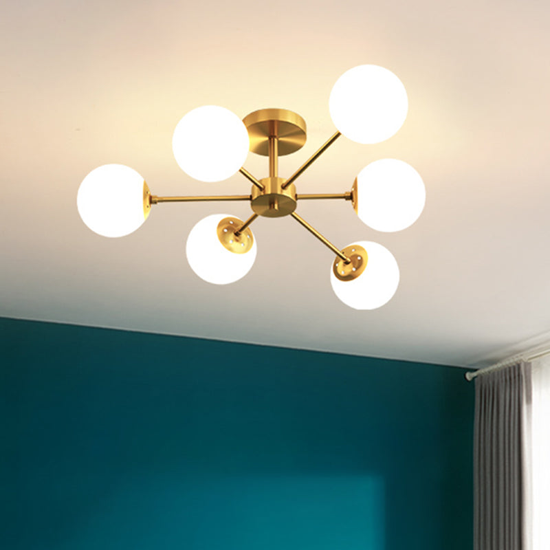 Spherical Ceiling Mount Chandelier Modern Glass Bedroom Semi Flush Light Fixture in Gold