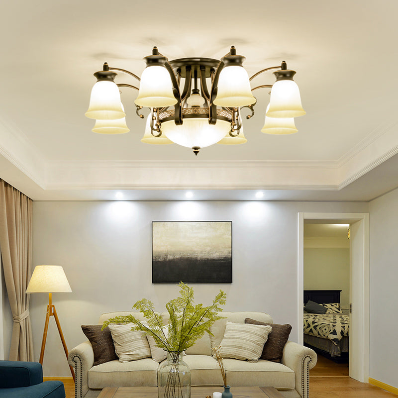 Metal and Glass Flared Semi Flush Mount Black Traditional Ceiling Light for Living Room