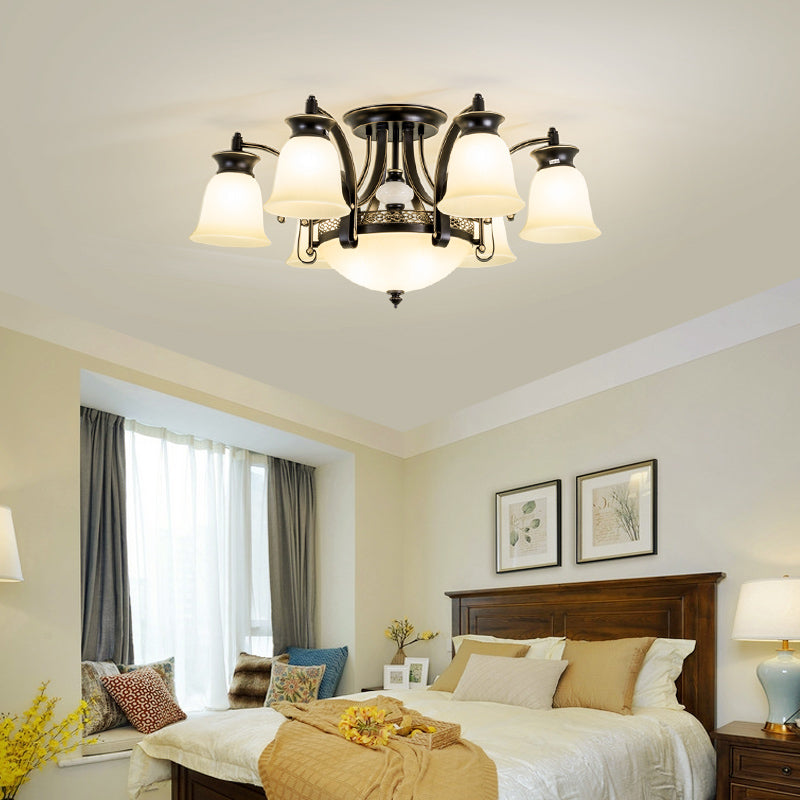 Metal and Glass Flared Semi Flush Mount Black Traditional Ceiling Light for Living Room