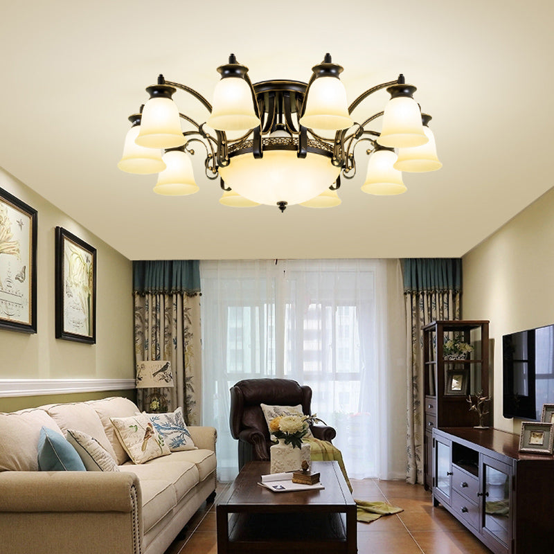 Metal and Glass Flared Semi Flush Mount Black Traditional Ceiling Light for Living Room