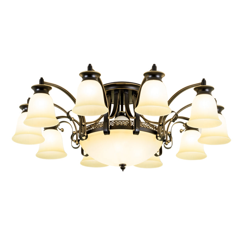 Metal and Glass Flared Semi Flush Mount Black Traditional Ceiling Light for Living Room