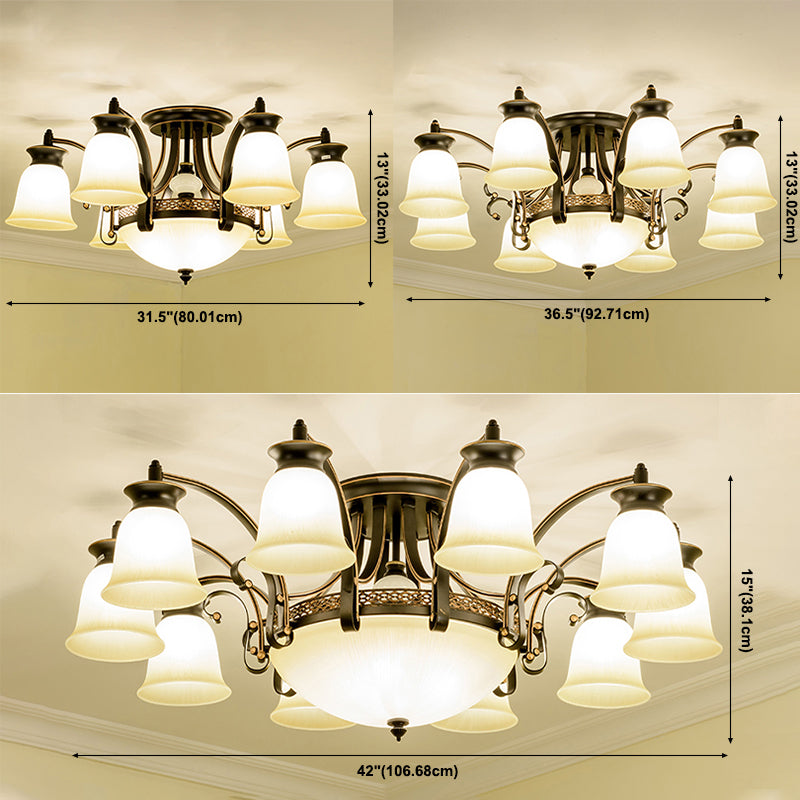 Metal and Glass Flared Semi Flush Mount Black Traditional Ceiling Light for Living Room