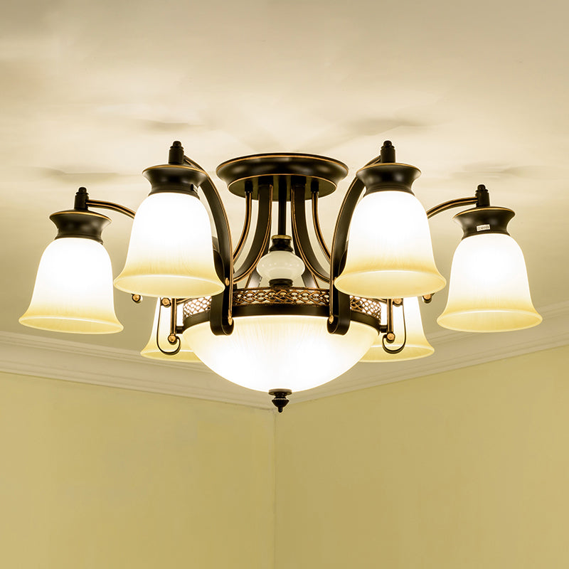 Metal and Glass Flared Semi Flush Mount Black Traditional Ceiling Light for Living Room