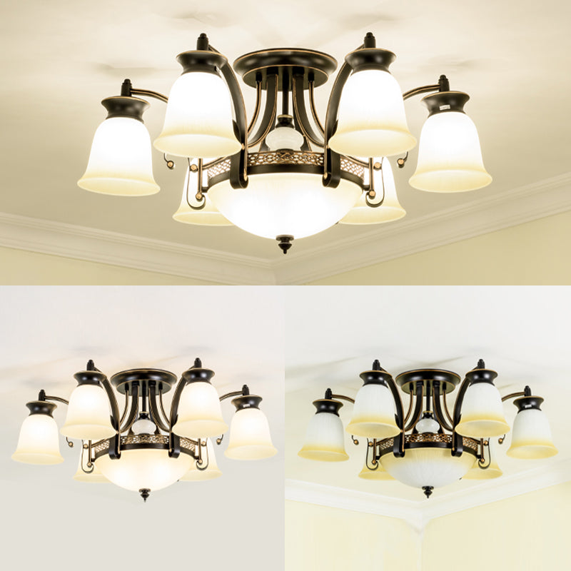 Metal and Glass Flared Semi Flush Mount Black Traditional Ceiling Light for Living Room