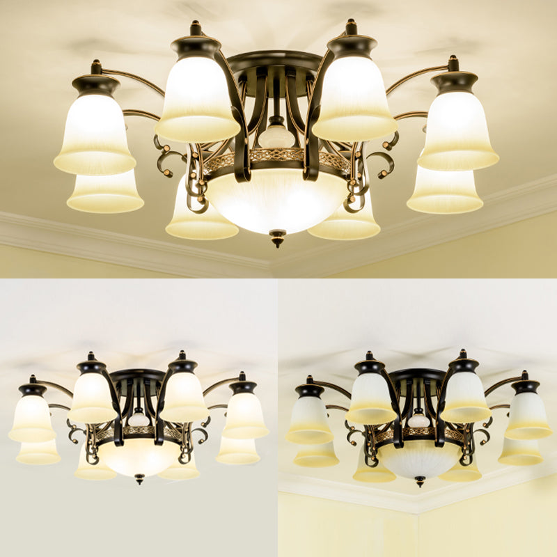 Metal and Glass Flared Semi Flush Mount Black Traditional Ceiling Light for Living Room