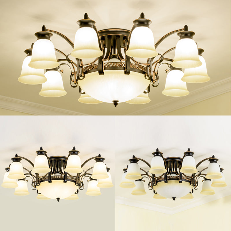 Metal and Glass Flared Semi Flush Mount Black Traditional Ceiling Light for Living Room