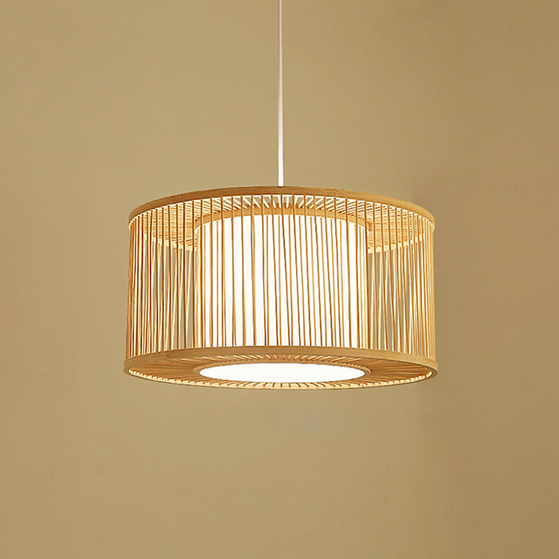 Japanese Bamboo Pendant Light Fixture 1-Light Beige Hanging Ceiling Light