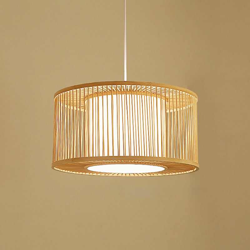 Japanese Bamboo Pendant Light Fixture 1-Light Beige Hanging Ceiling Light